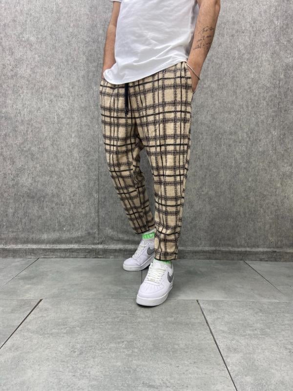 Beli Lastikli Düz Paça Ekoseli Baggy Pantolon