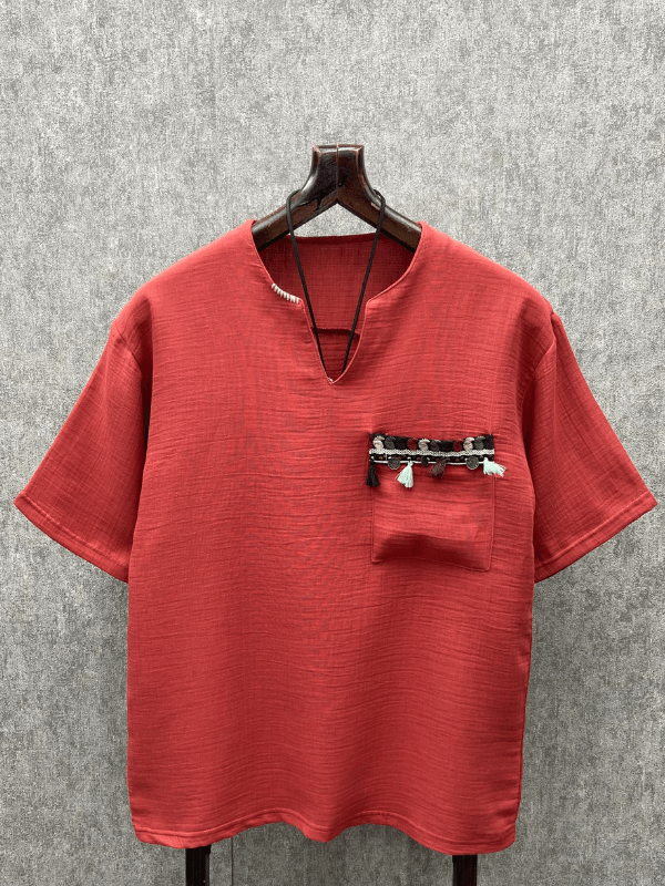 Oversize Otantik Cep Detaylı Pamuk Keten Kiremit  Tshirt