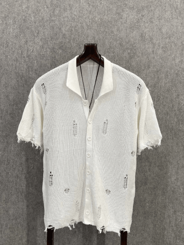 Oversize Lazer Yıpratmalı Beyaz Triko