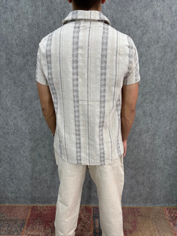 Oversize Desenli Pamuk Keten Gömlek 