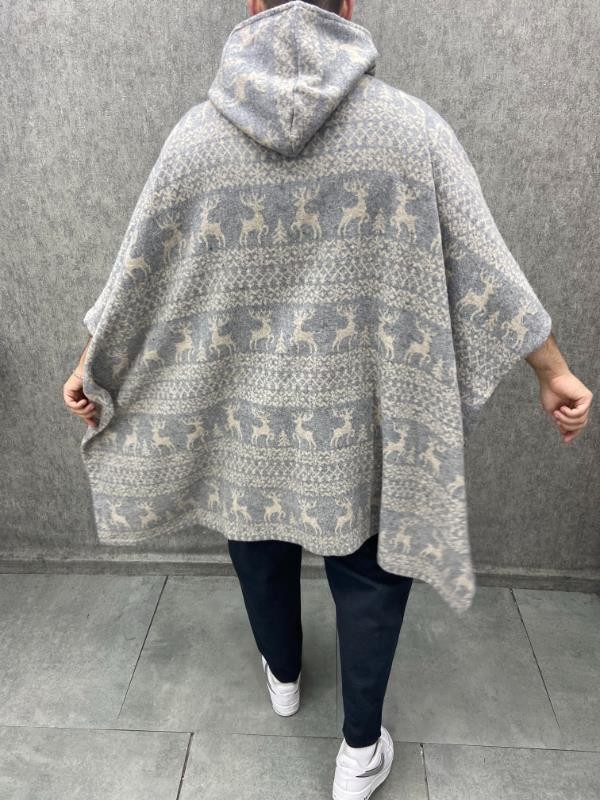 Oversize Kapüşonlu Kanguru Cepli Pamuklu Etnik Panço