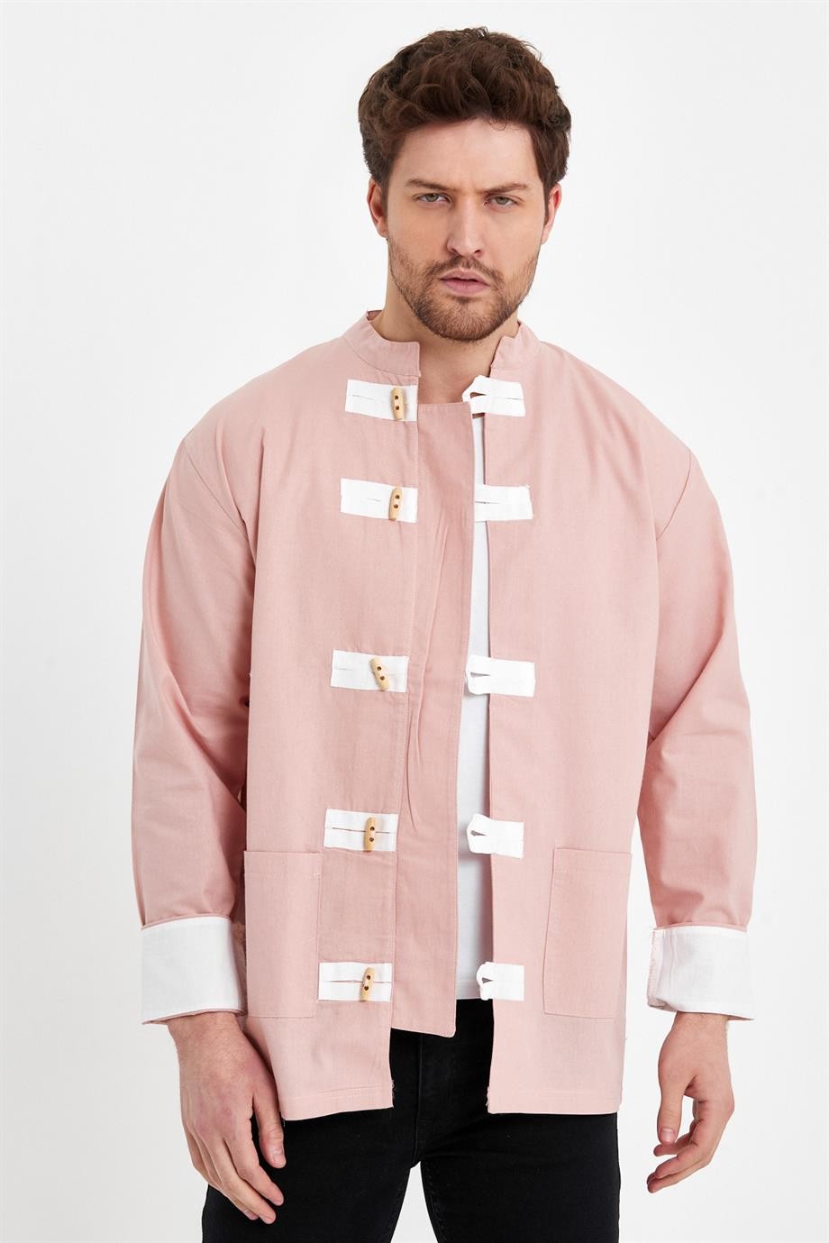 Oversize Hakim Yaka Tokyo Pamuk Keten Pembe Gömlek