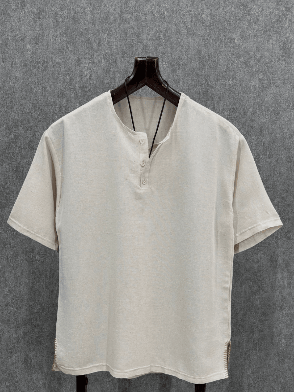 Oversize Nopeli Yırtmaç Detaylı Yarım Patlı Bej Pamuk Keten Tshirt