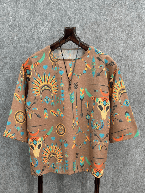 Oversize Desenli Pamuk Keten Bohem Tshirt