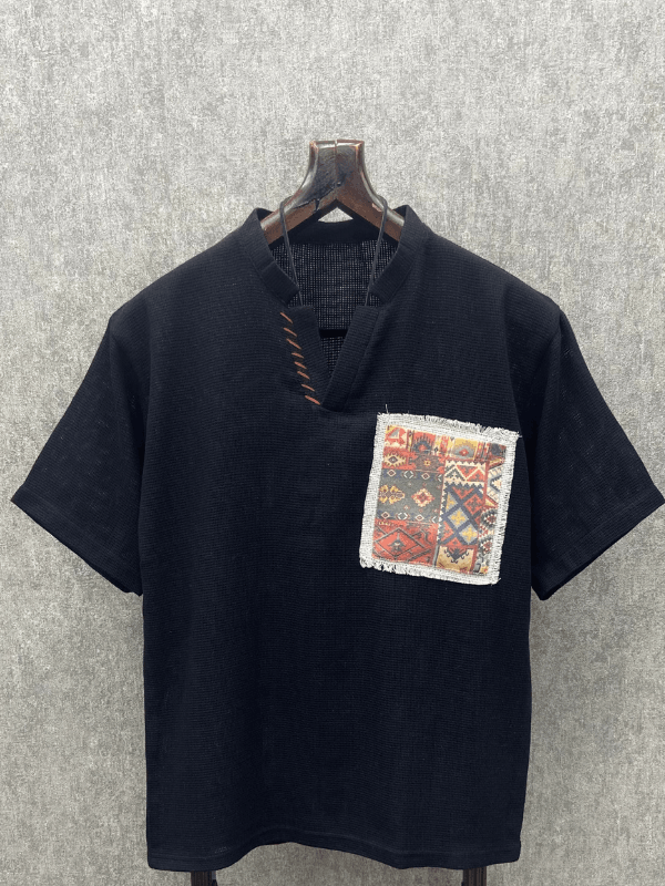 Oversize Bohem El İşi Detaylı Yıkamalı Siyah Pamuk Keten Tshirt