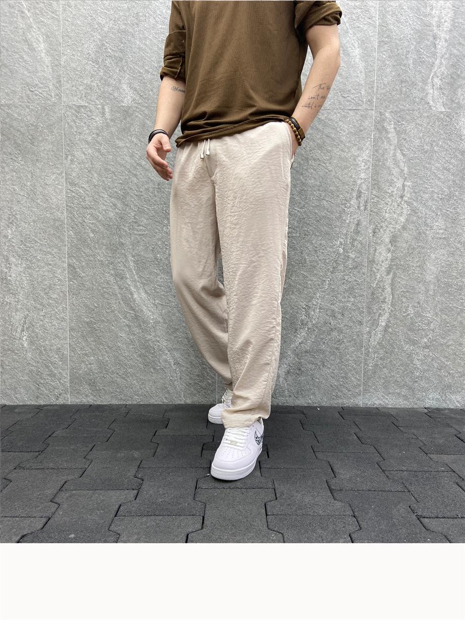 Rahat Kalıp Beli Lastikli Baggy Paraşüt Bej   Pantolon
