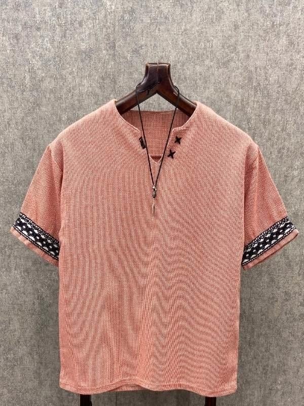 Oversize El İşi Detaylı Pamuk Keten Pembe  Tshirt