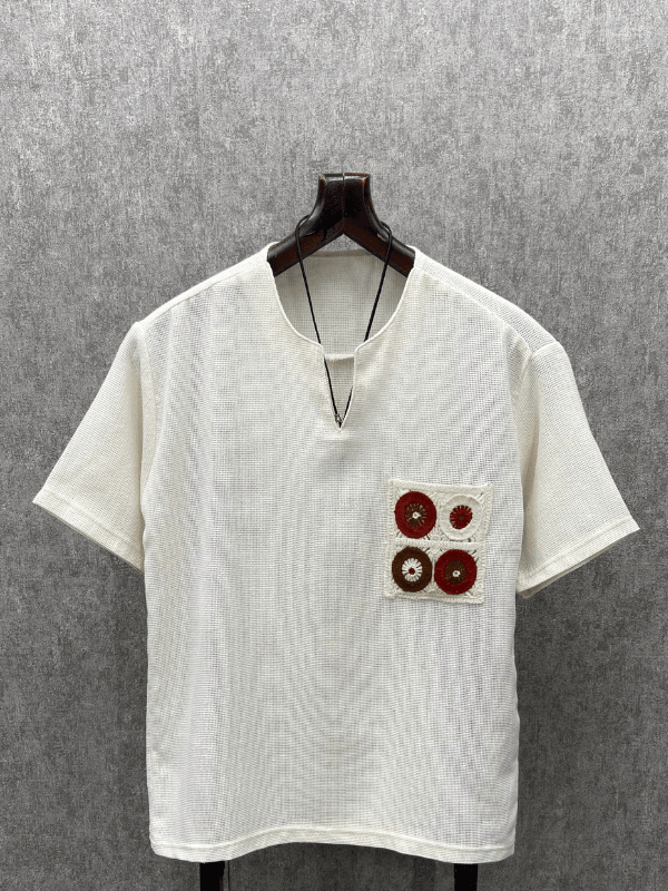 Oversize Etnik Cepli Yıkamalı Pamuk Keten Bohem Krem Tshirt