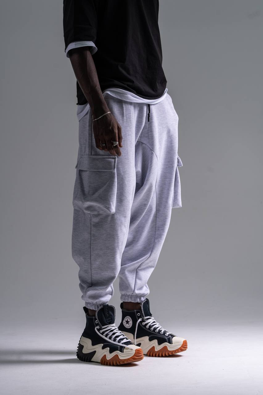 Beli Lastikli Kargo Cepli Gri Şalvar