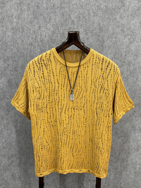 Oversize Delikli Hardal Triko