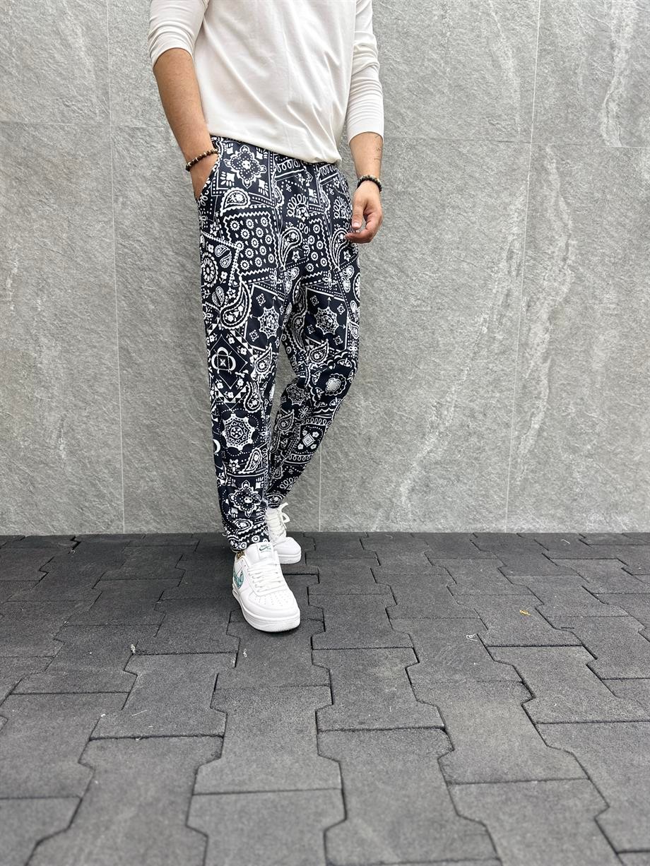 Beli Lastikli Aztek Desenli Baggy Pantolon