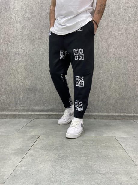 Beli Lastikli Desenli Siyah Baggy Pantolon