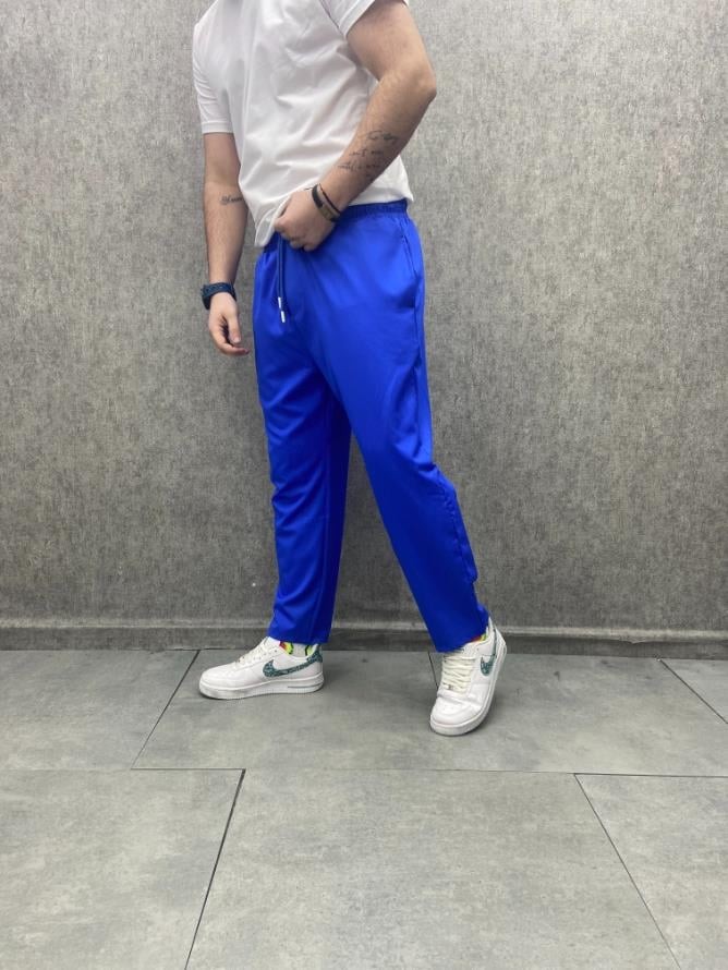 Rahat Kalıp  Beli Lastikli Bilek Paça Pamuk Viscon Mavi  Pantolon