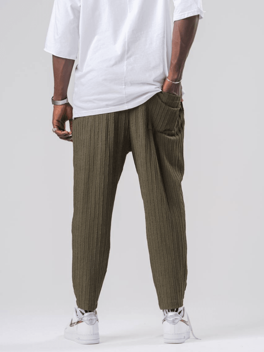 Beli Lastikli Dokulu Bürümcük Kumaş Haki Baggy Pantolon