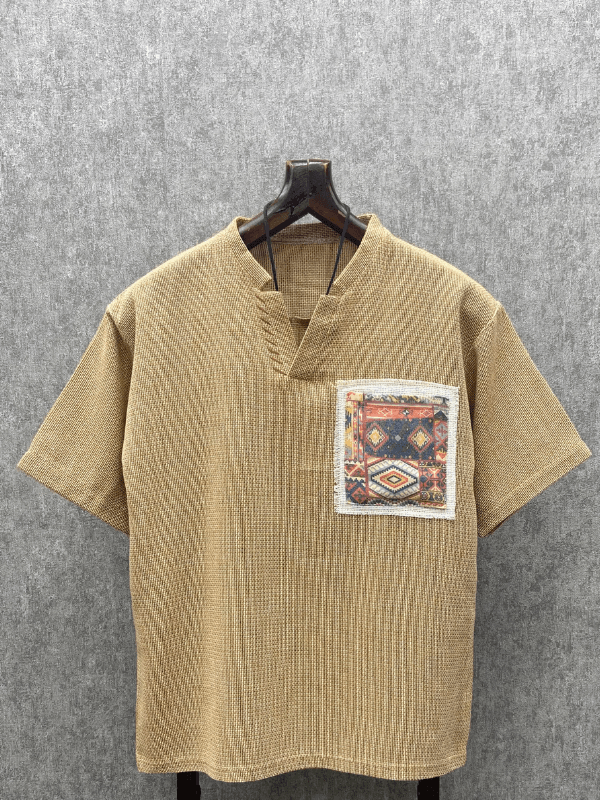 Oversize Bohem El İşi Detaylı Yıkamalı Toprak Pamuk Keten Tshirt