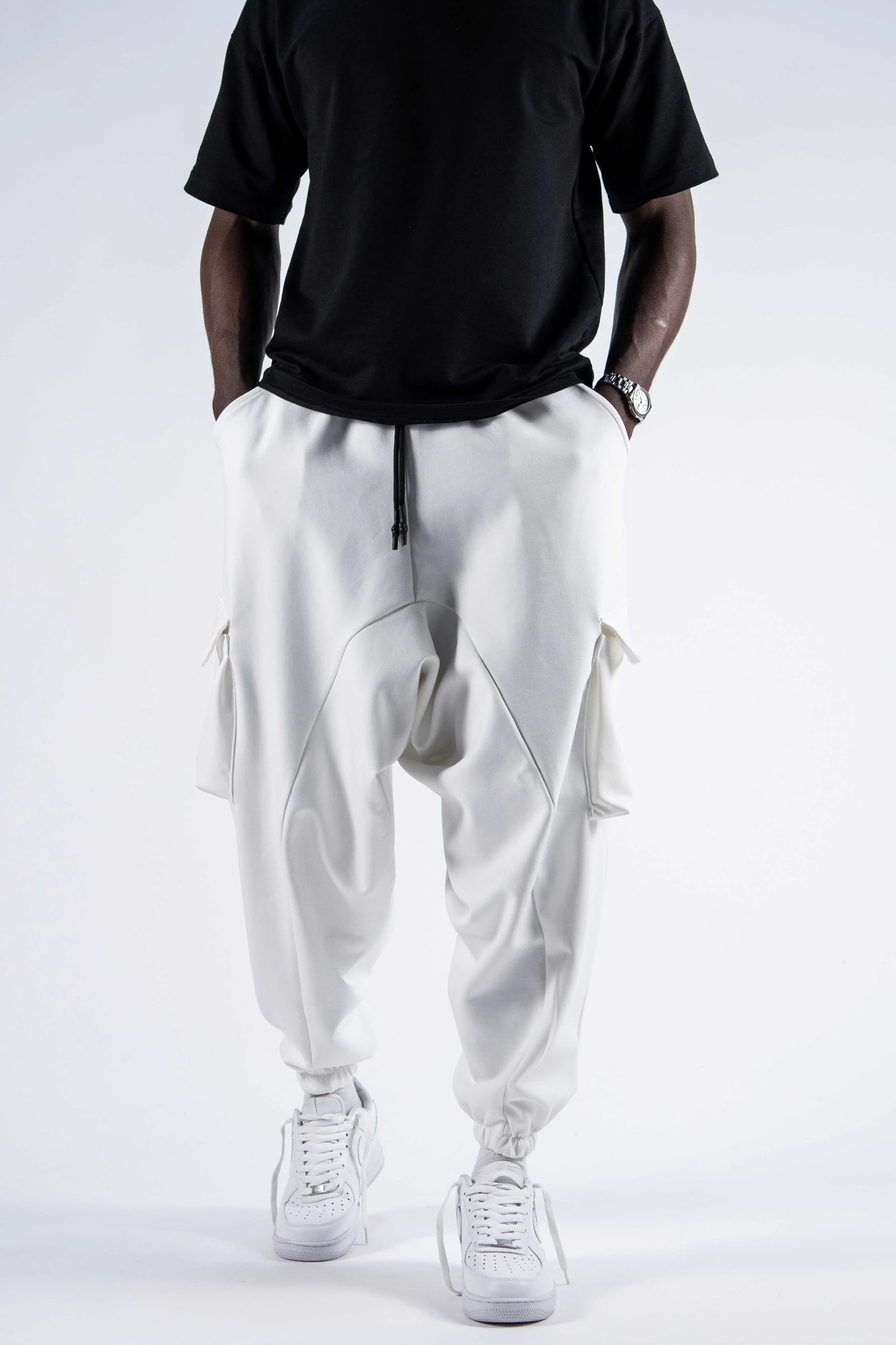 Beli Lastikli Kargo Cepli Beyaz Şalvar