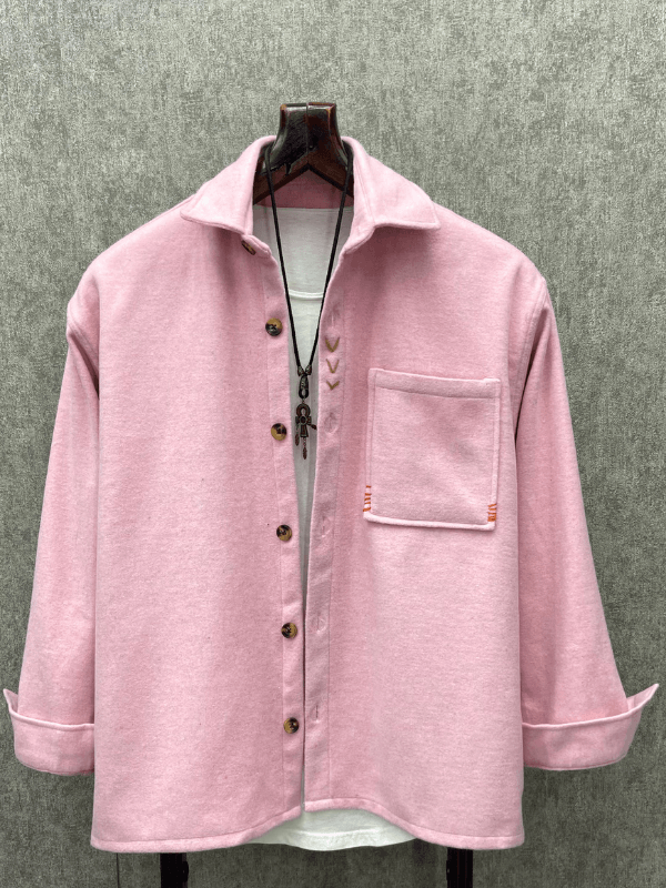 Oversize El İşi Detaylı Pamuk Kaşe Pembe Gömlek