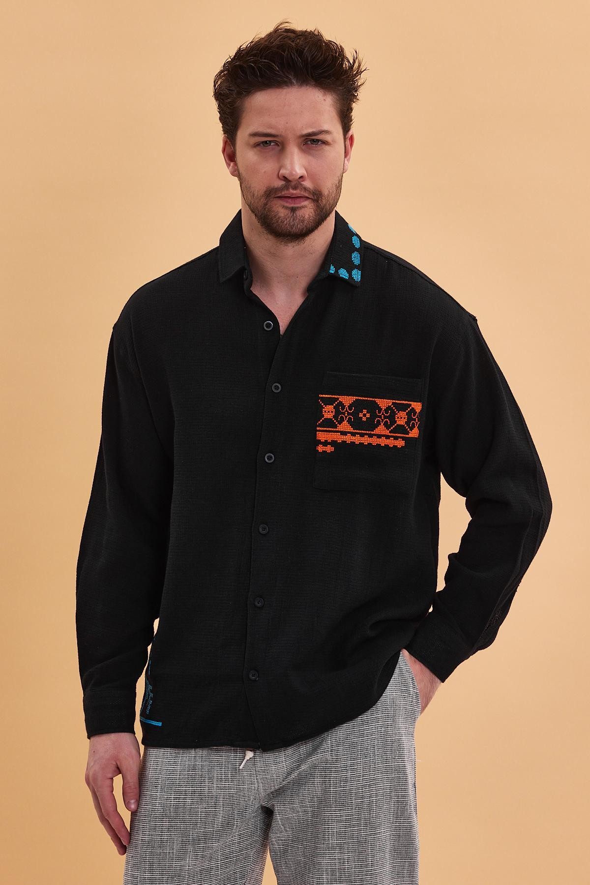 Oversize Authentic  Nakış Detaylı Bohem Pamuk Keten Siyah  Gömlek