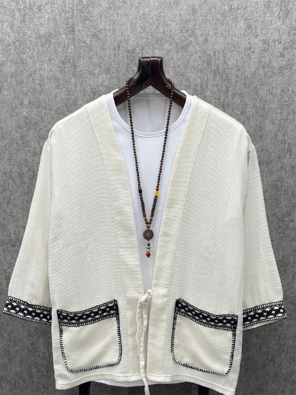 Oversize Bohem Kroşatalı Yıkamalı Pamuk Keten Beyaz Kimono