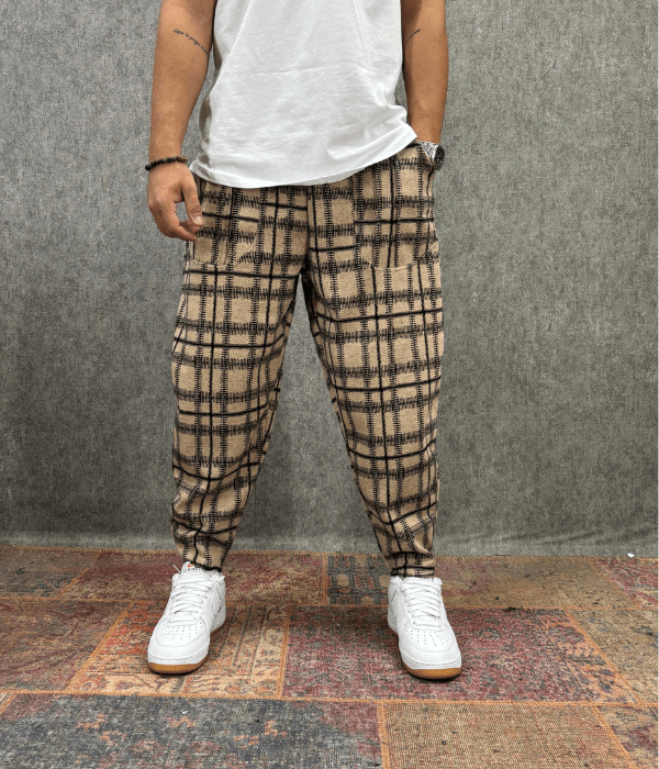 Beli Lastikli Kaşe Cep Nervür Detaylı Ekoseli Baggy Pantolon