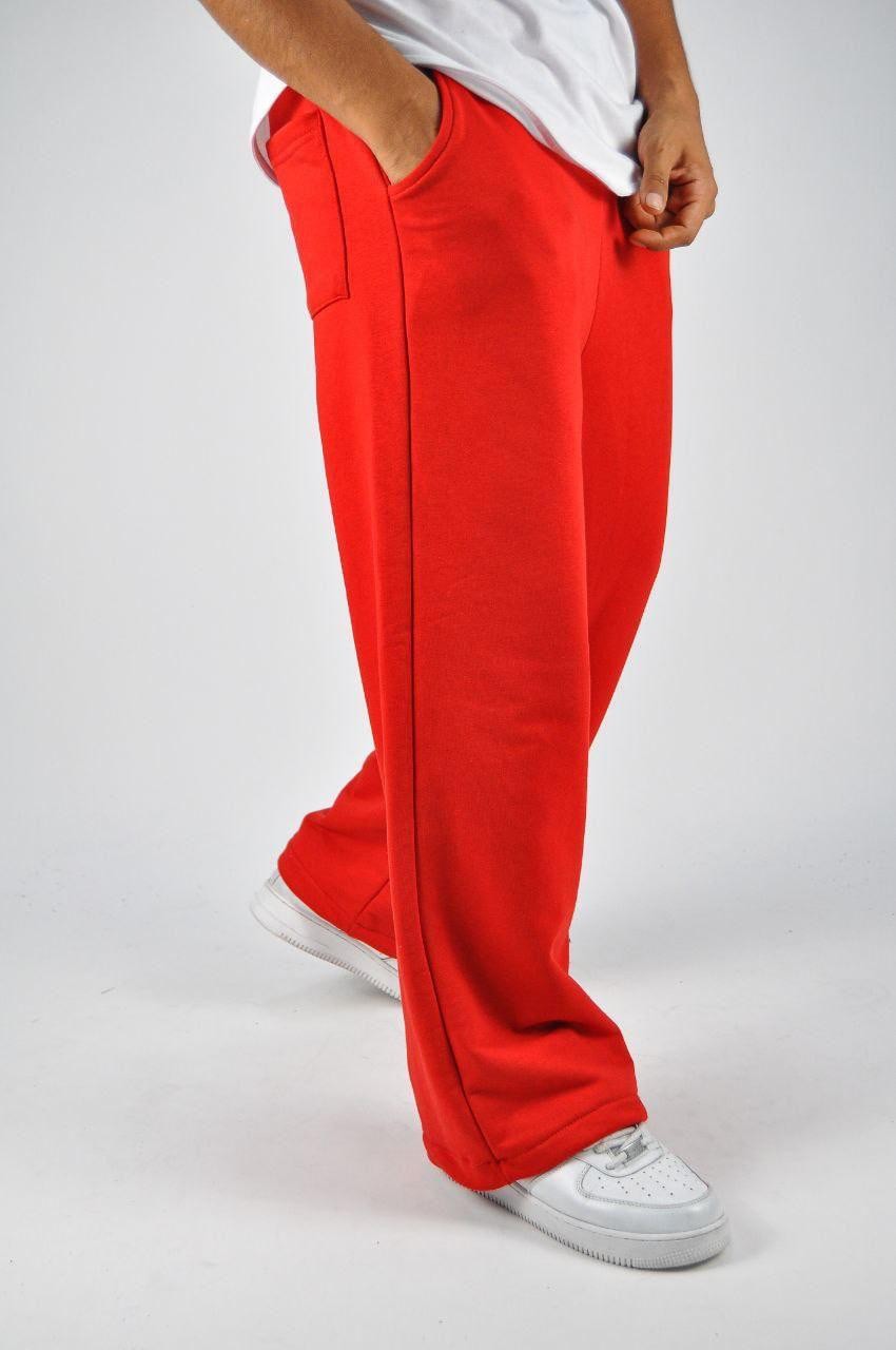 Beli Lastikli Paça Stoperli Kırmızı  Pamuklu Baggy Pantolon