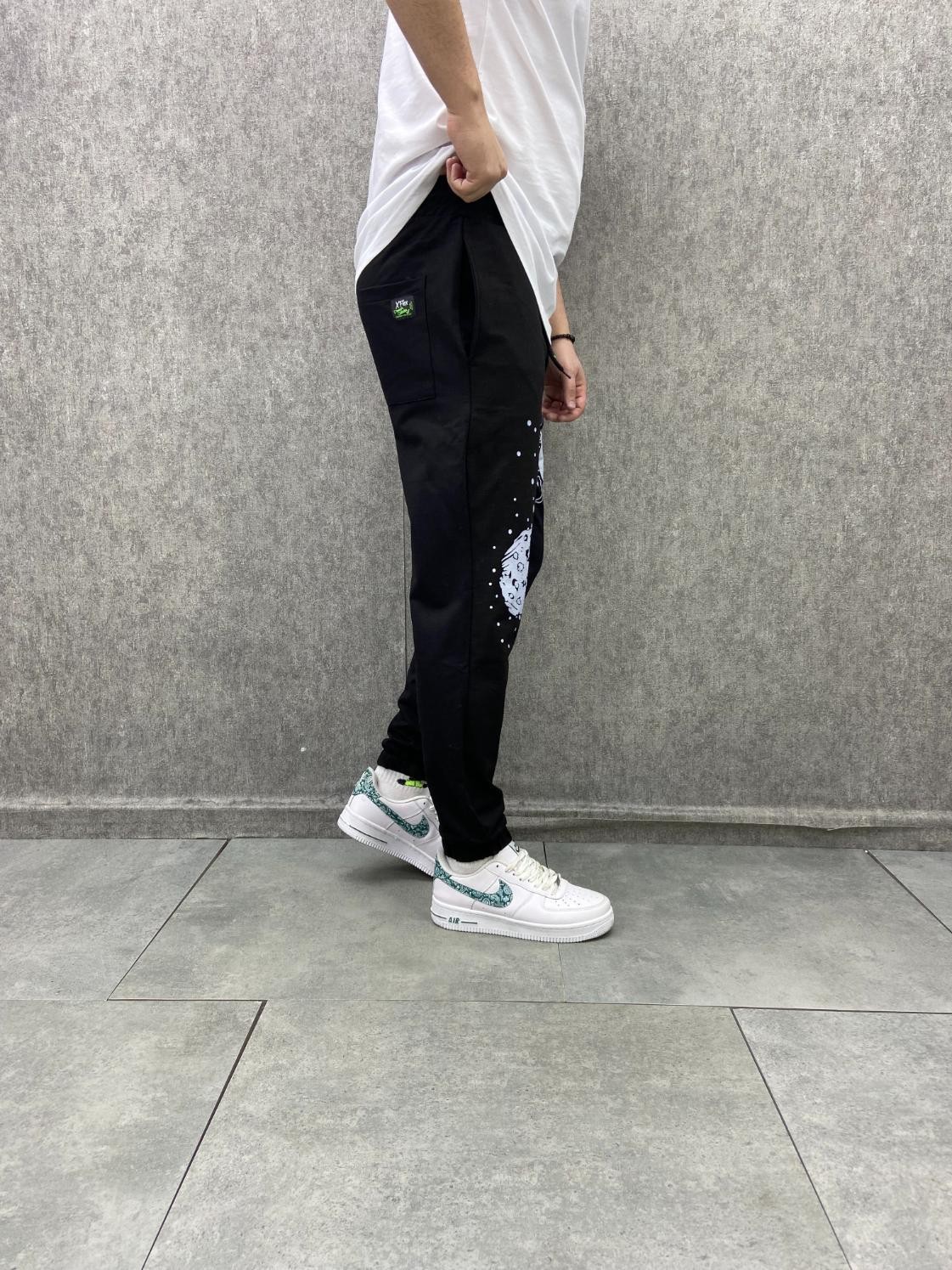 Bel ve Paça Lastikli Planet Baskılı Pamuk Örme Siyah Jogger