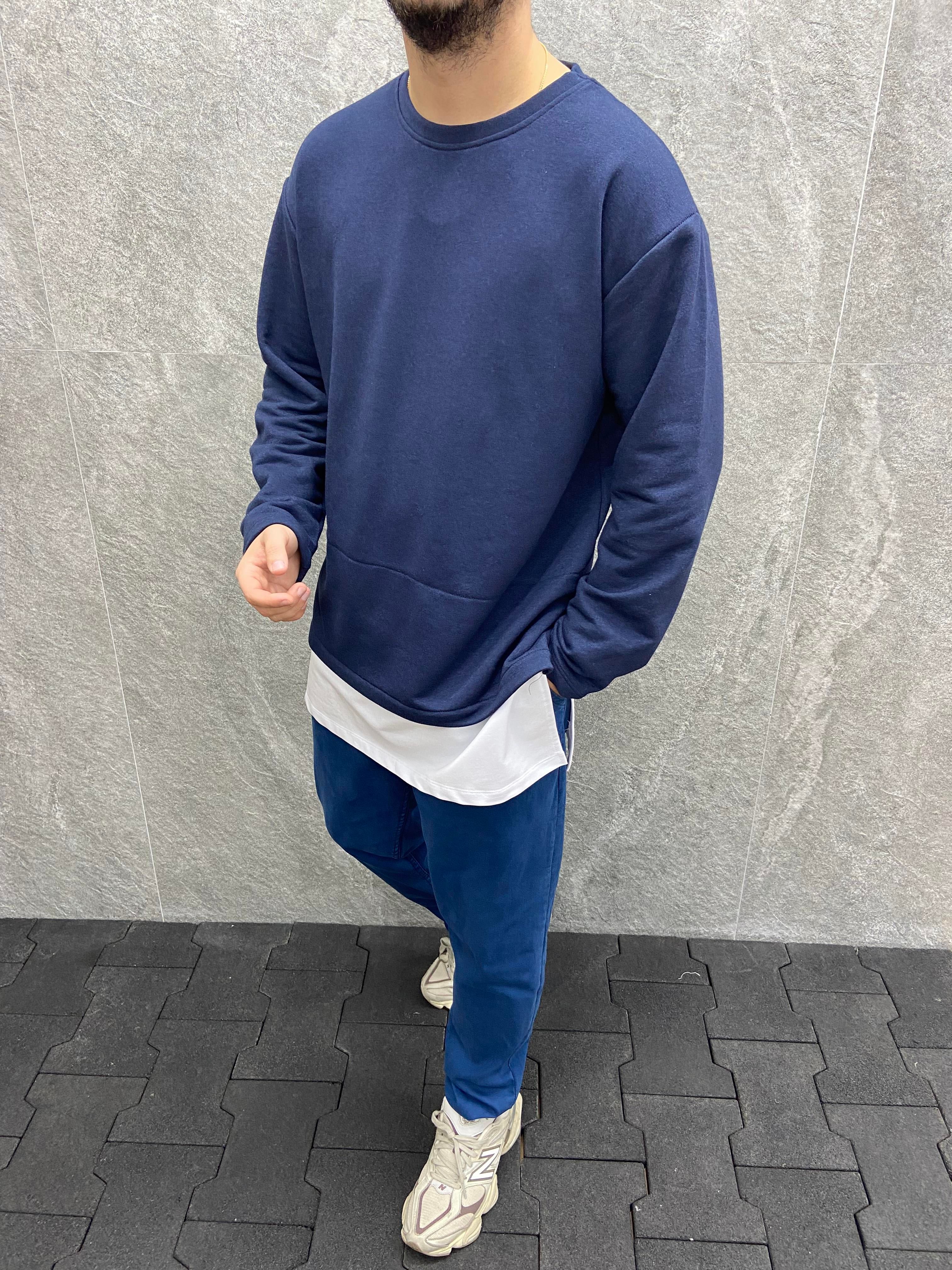 Oversize Beyaz Garnili Pamuklu Lacivert Sweatshirt