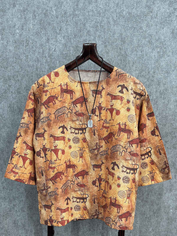Oversize Desenli Pamuk Keten Bohem Tshirt