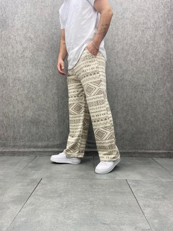 Beli Lastikli Boru Paça Aztek Desenli Pantolon