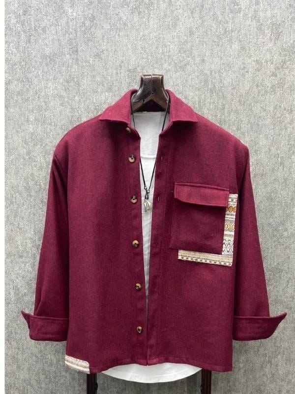 Oversize Bohem Pamuk Kaşe Bordo Gömlek