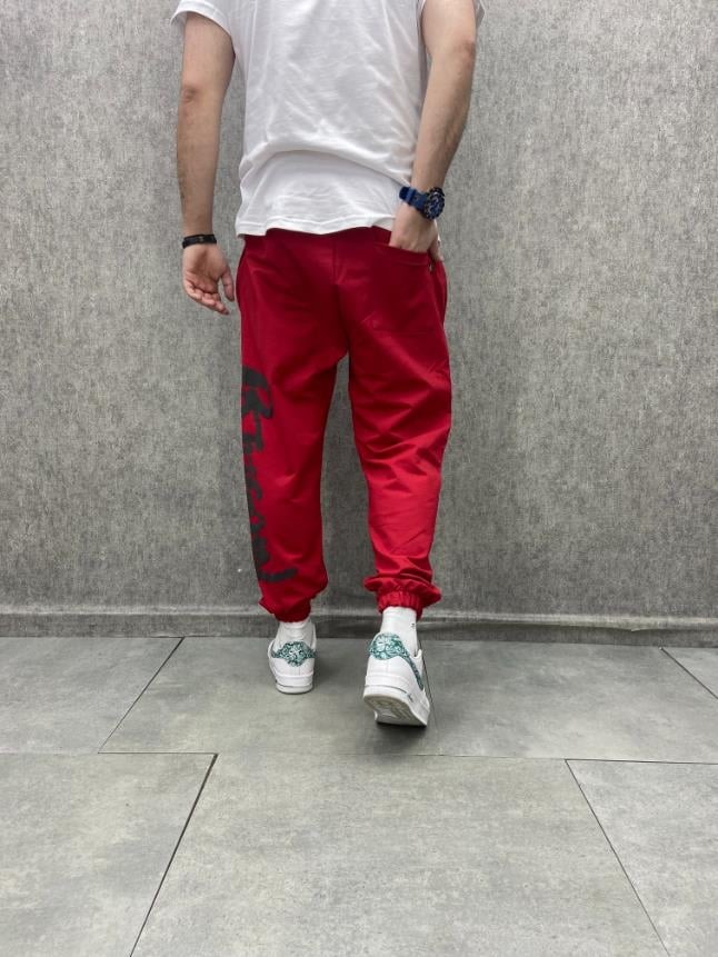 Rahat Kalıp Baskılı Pamuk Örme Kırmızı  Jogger