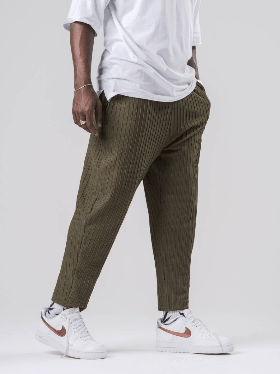 Beli Lastikli Dokulu Bürümcük Kumaş Haki Baggy Pantolon
