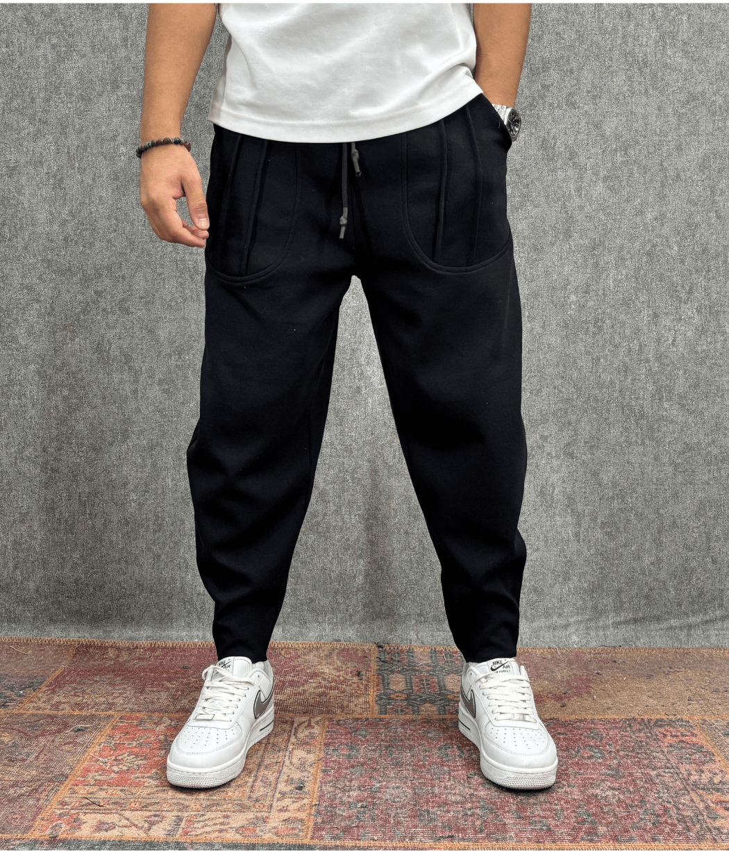 Beli Lastikli Kaşe Cep Nervür Detaylı Siyah Baggy Pantolon