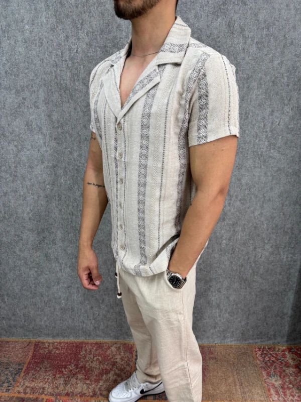 Oversize Desenli Pamuk Keten Gömlek 