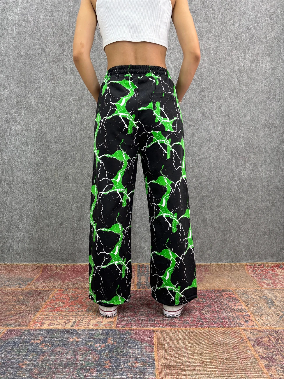 Beli Lastikli Baggy Kalıp Desenli Pantolon