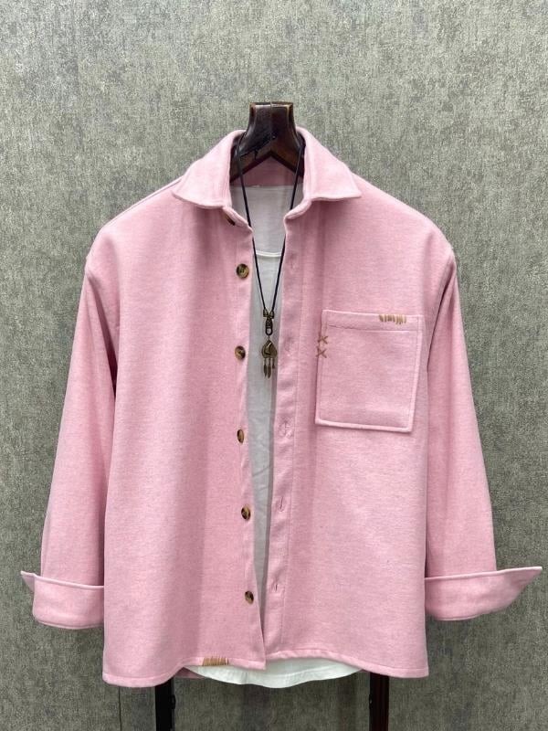 Oversize El İşi Detaylı Pamuk Kaşe Pembe Gömlek