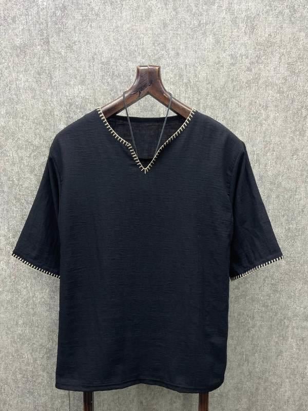 Oversize Bohem Kroşatalı Siyah Pamuk Keten Tshirt