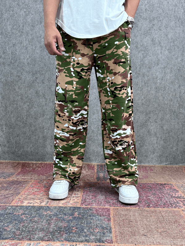 Beli Lastikli Boru Paça Desenli Baggy Pantolon 