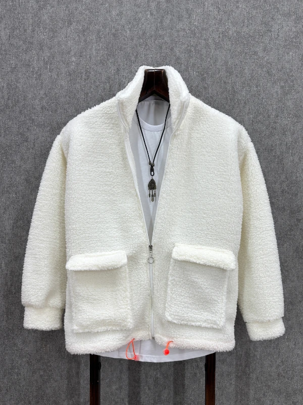 Oversize Fermuarlı Kırık Beyaz Peluş Sweatshirt 