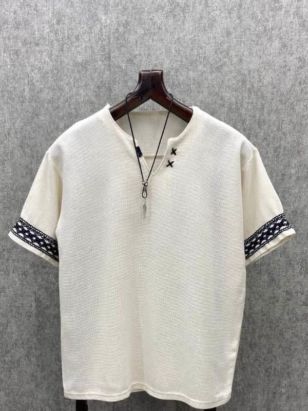 Oversize El İşi Detaylı Pamuk Keten Beyaz Tshirt