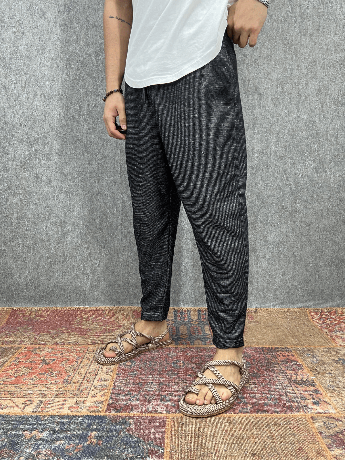 Beli Lastikli Pamuk Keten Siyah Baggy Pantolon
