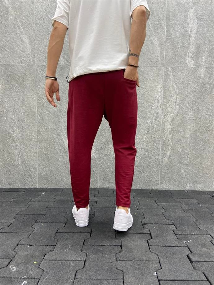 Havuç Kalıp Beli Lastikli Pileli Pamuk Örme Bordo Pantolon