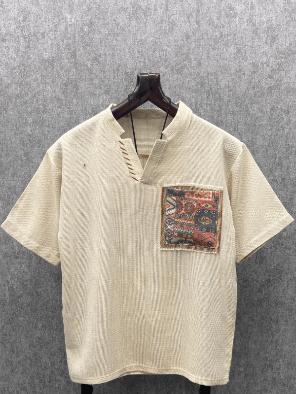Oversize Bohem El İşi Detaylı Yıkamalı Bej Pamuk Keten Tshirt