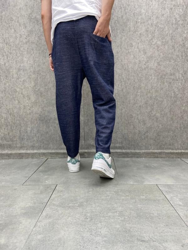 Beli Lastikli Pamuk Keten Baggy Lacivert Pantolon