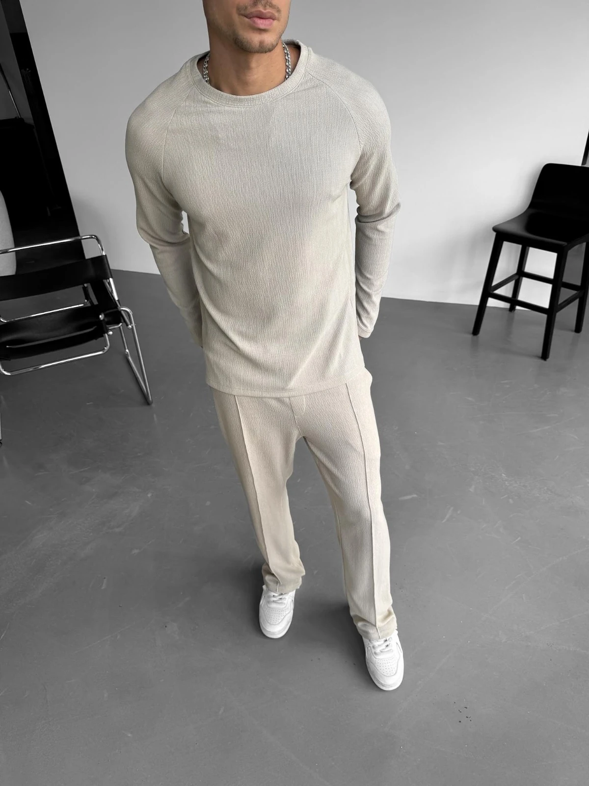 Regular Dokulu Krep Açık Bej Tshirt