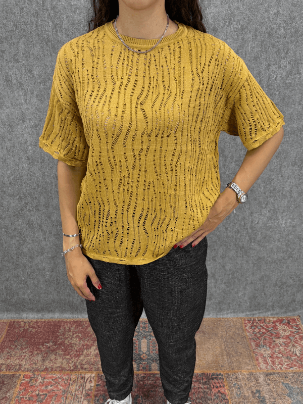 Oversize Delikli Hardal Triko Tshirt 