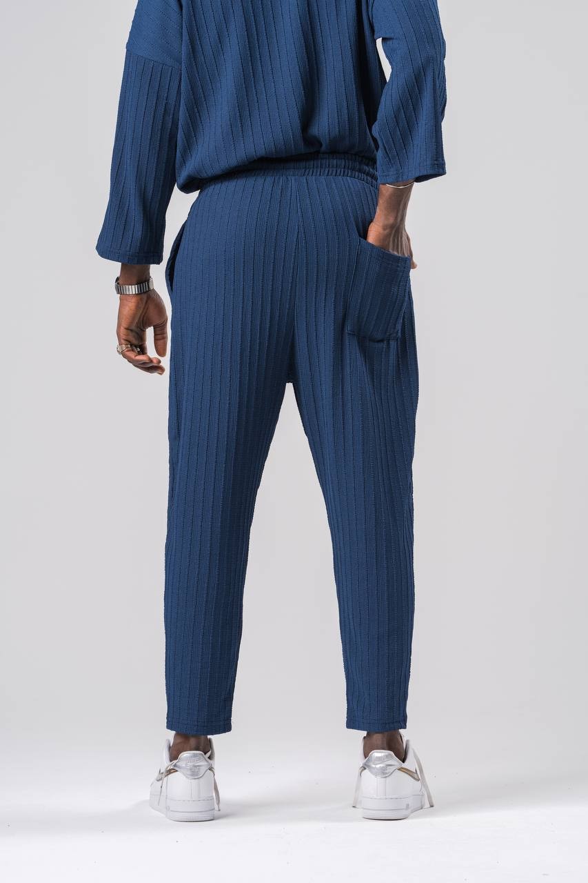 Beli Lastikli Dokulu Bürümcük Kumaş Lacivert Baggy  Pantolon
