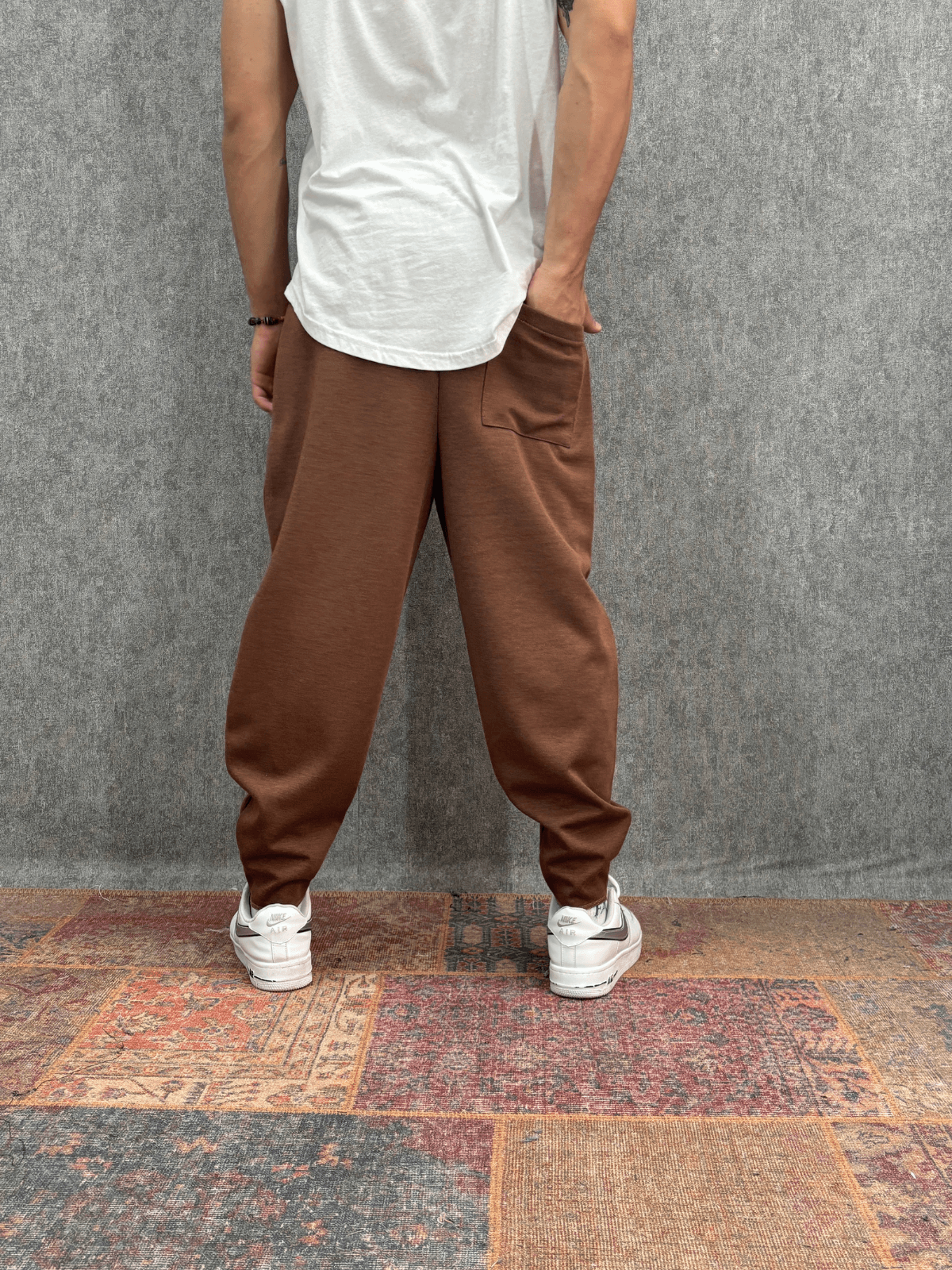 Beli Lastikli Cep Nervür Detaylı Kahverengi Baggy Pantolon