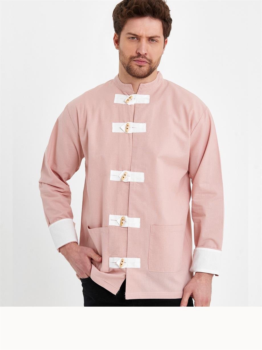 Oversize Hakim Yaka Tokyo Pamuk Keten Pembe Gömlek