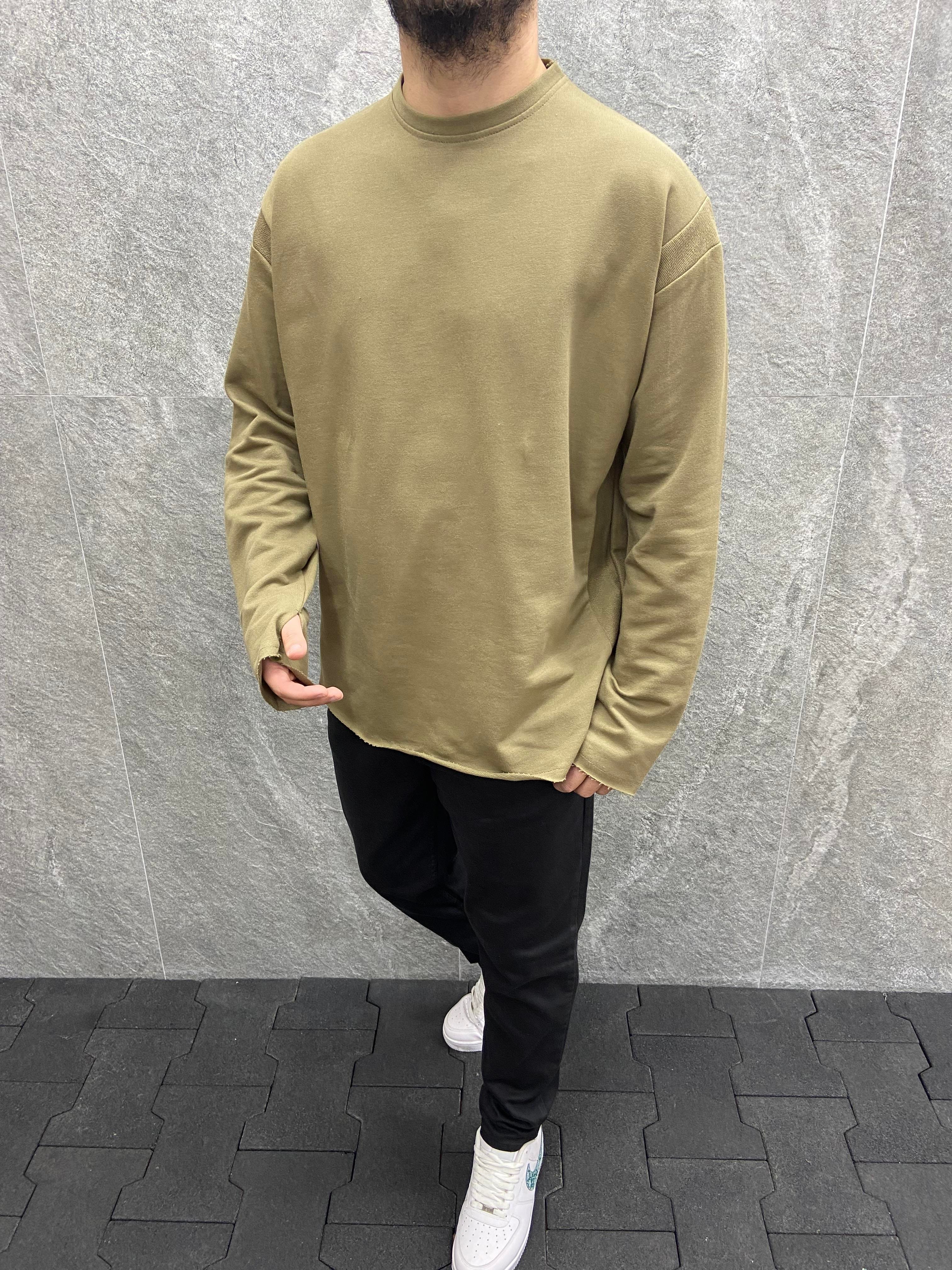 Oversize Parmak Geçmeli Pamuklu Haki Sweatshirt